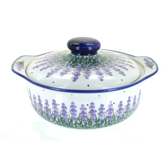 Blue Rose Polish Pottery Lavender Fields Round Covered Baker