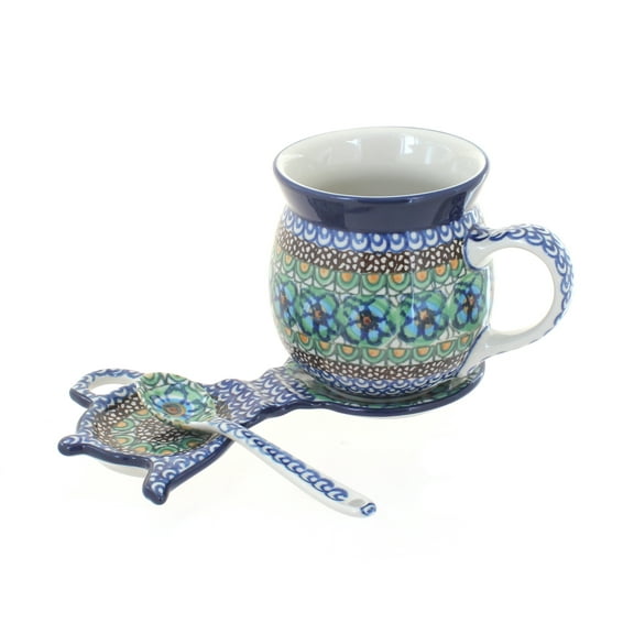 Blue Rose Polish Pottery Mardi Gras Mug & Saucer Gift Set