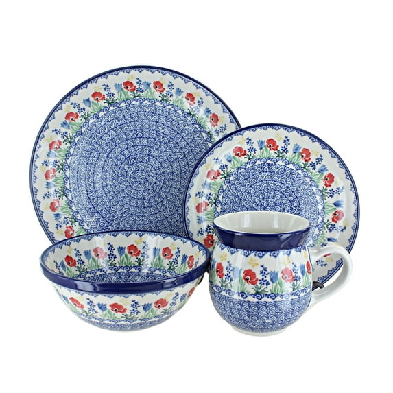 Blue Rose Polish Pottery Memory Garden 16 Piece Place Setting - Service for 4