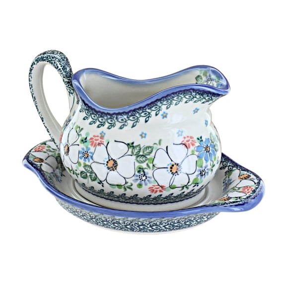 Blue Rose Polish Pottery Morning Medley Gravy Boat & Plate