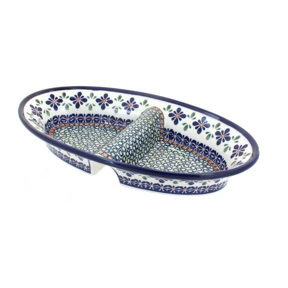 Blue Rose Polish Pottery Mosaic Flower Divided Dish