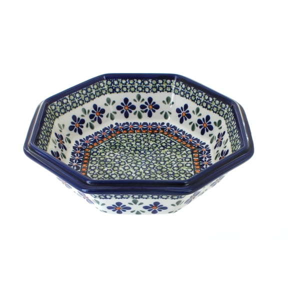 Blue Rose Polish Pottery Mosaic Flower Large Octagonal Bowl