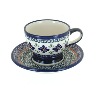 DesignPac Cobalt Blue & White Pedestal Coffee Mugs - 8 oz w/ Leaves