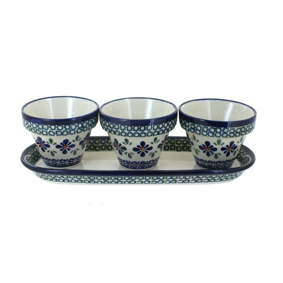 Blue Rose Polish Pottery Mosaic Flower Pots with Tray