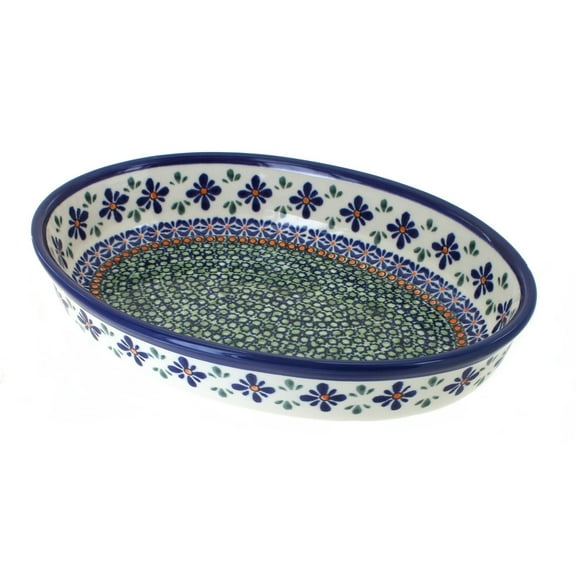 Blue Rose Polish Pottery Mosaic Flower Small Oval Baker