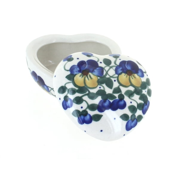 Blue Rose Polish Pottery Pansies Heart Box