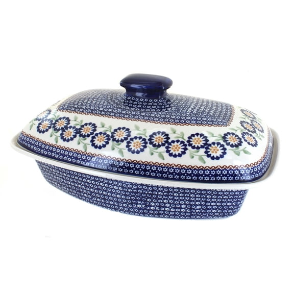 Blue Rose Polish Pottery Peach Blossom Covered Baker