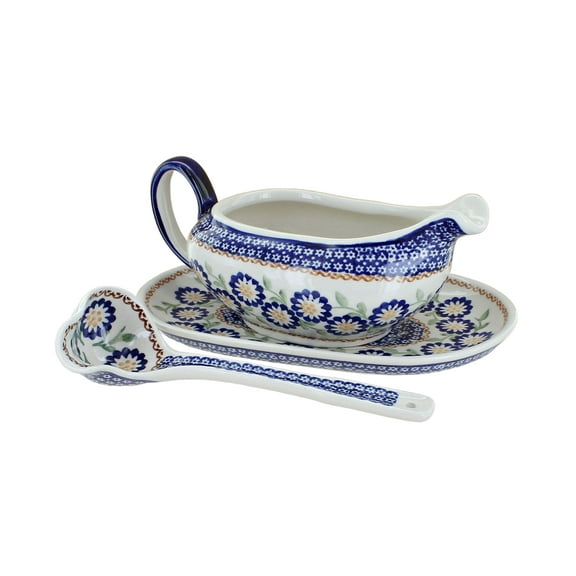 Blue Rose Polish Pottery Peach Blossom Gravy Boat & Ladle