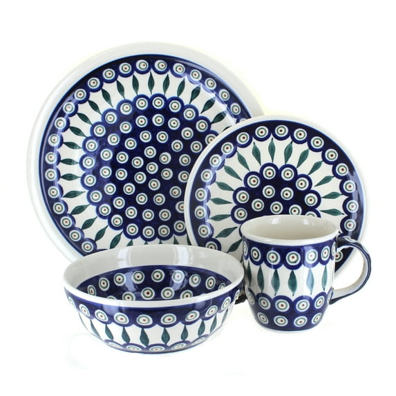 Blue Rose Polish Pottery Peacock 16 Piece Dinner Set