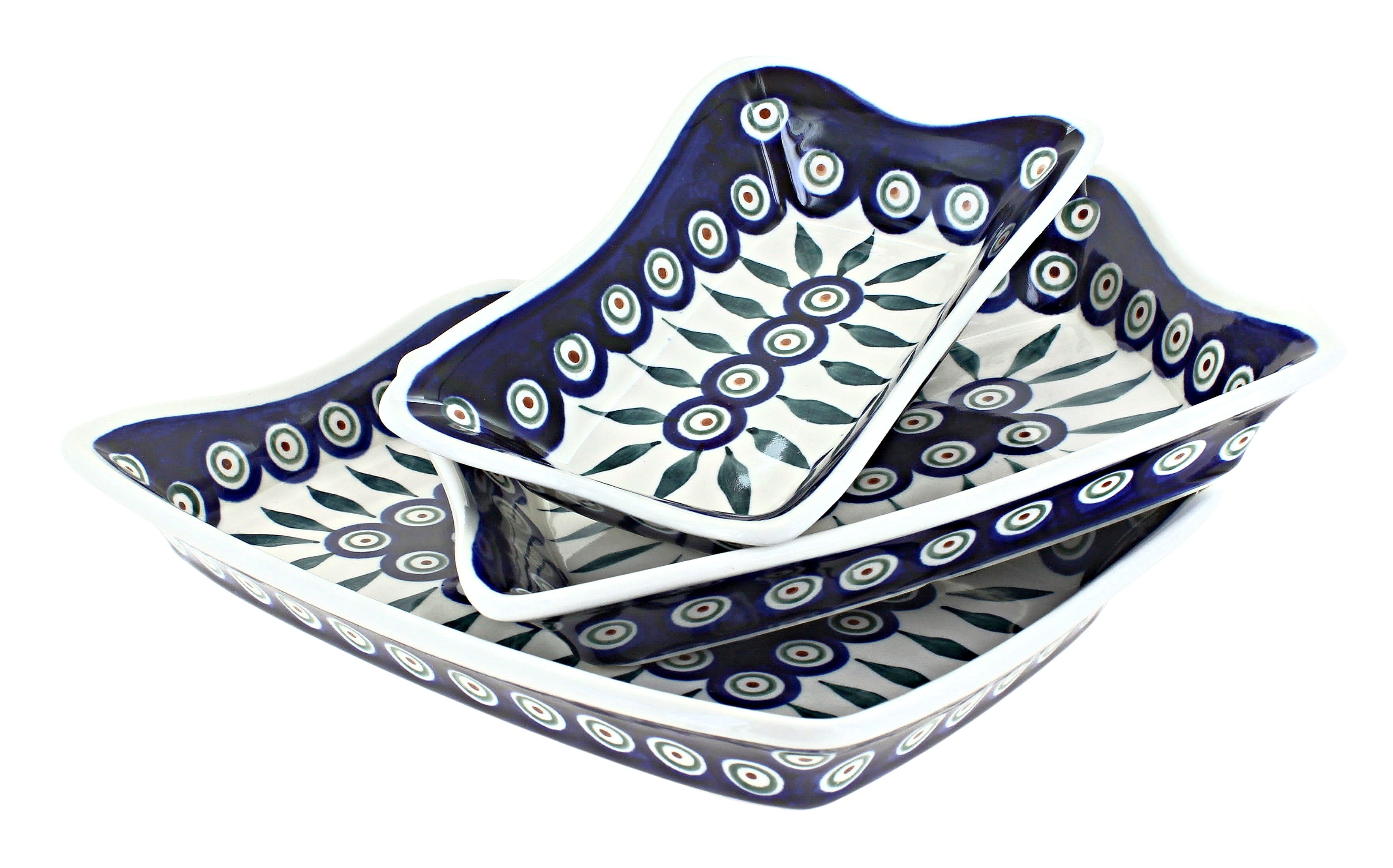 Blue Rose Polish Pottery Peacock 3 Piece Rectangular Serving Dish Set