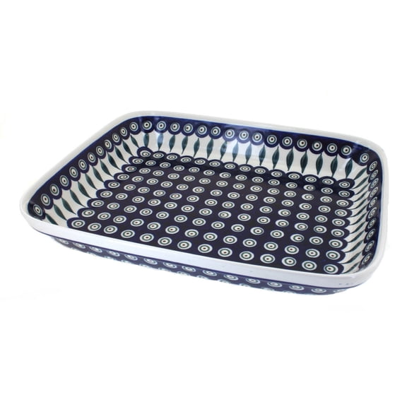 Blue Rose Polish Pottery Peacock Extra Large Rectangular Baker