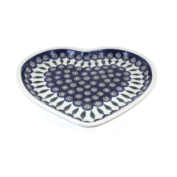 Blue Rose Polish Pottery Peacock Heart Plate