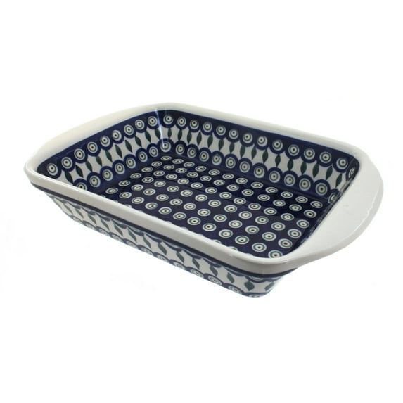 Blue Rose Polish Pottery Peacock Large Rectangular Baker with Handles