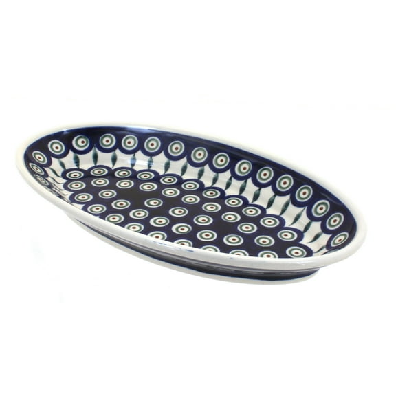 Blue Rose Polish Pottery Peacock Small Oval Platter