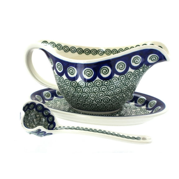Blue Rose Polish Pottery Peacock Swirl Gravy Boat & Ladle