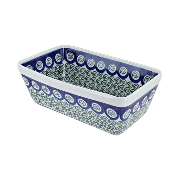 Blue Rose Polish Pottery Peacock Swirl Loaf Baker