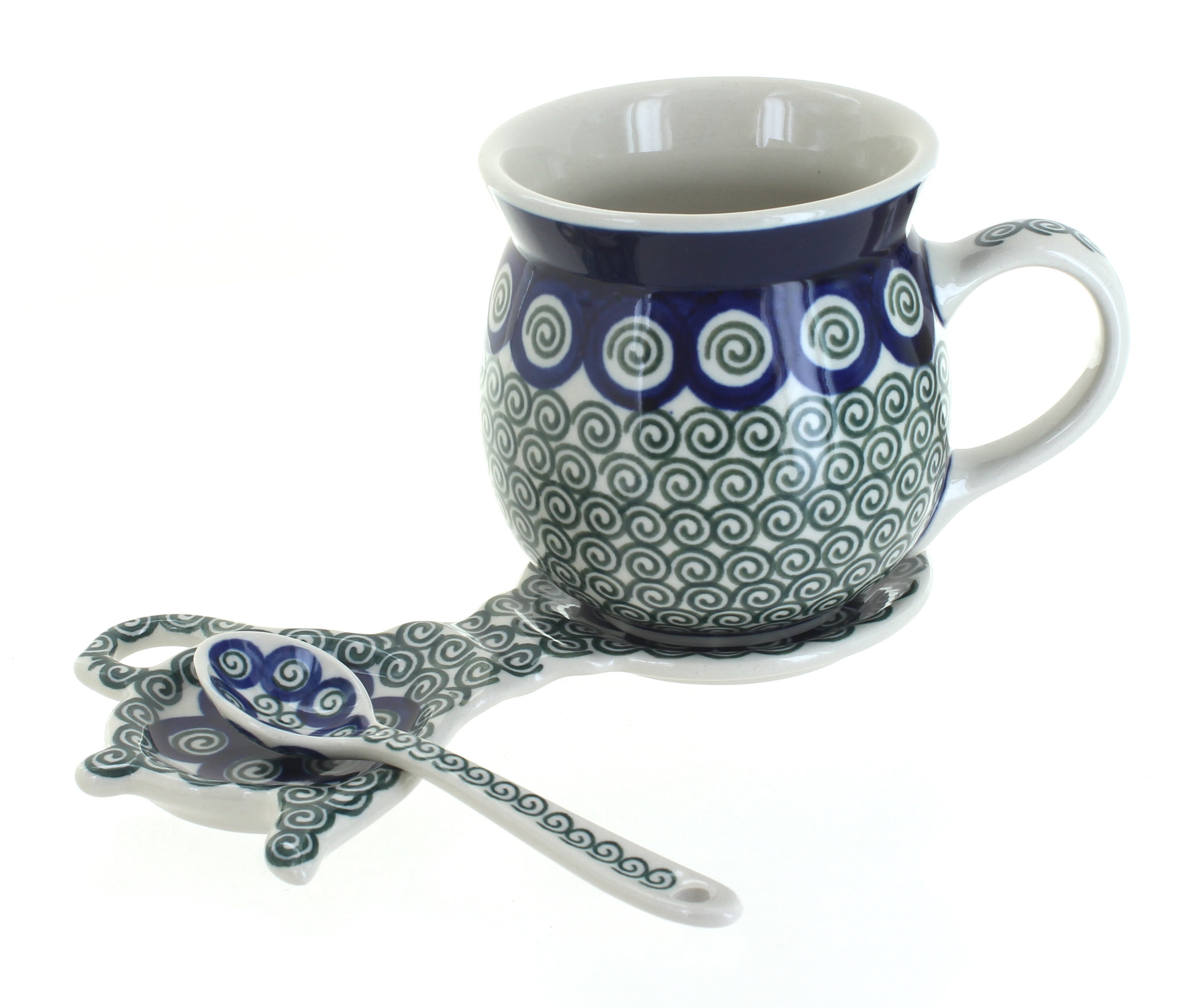 Blue Rose Polish Pottery Peacock Swirl Mug And Saucer T Set