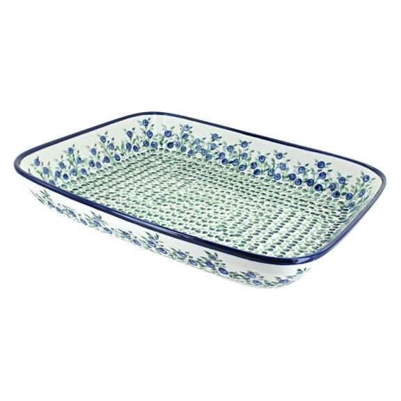Blue Rose Polish Pottery Porcelain Vine Large Rectangular Baker