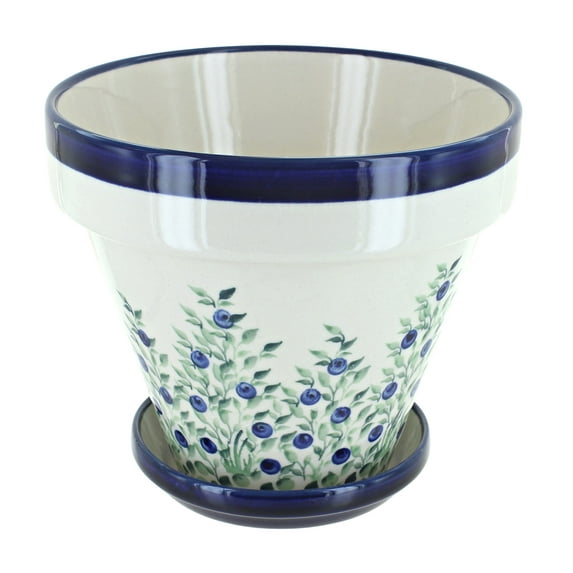 Blue Rose Polish Pottery Porcelain Vine Medium Flower Pot