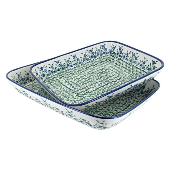 Blue Rose Polish Pottery Porcelain Vine Rectangular Baker Set