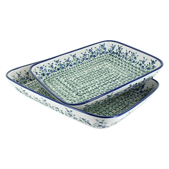 Blue Rose Polish Pottery Porcelain Vine Rectangular Baker Set