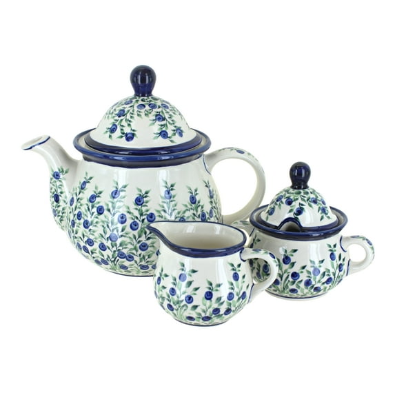 Blue Rose Polish Pottery Porcelain Vine Three Piece Tea Set