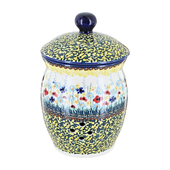 Blue Rose Polish Pottery Prairie Garden Garlic Keeper