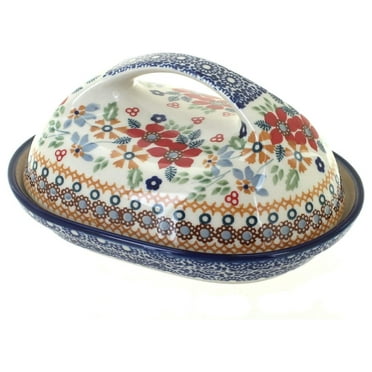Blue Rose Polish Pottery Red Butter Dish