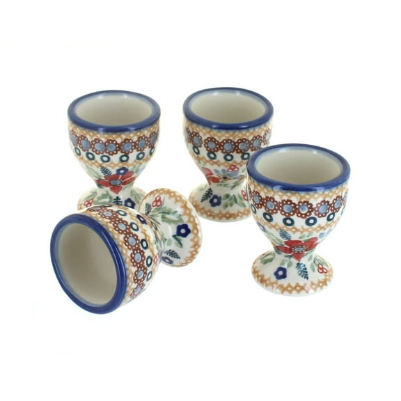 Blue Rose Polish Pottery Red Daisy Egg Cup Set