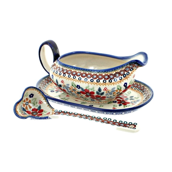 Blue Rose Polish Pottery Red Daisy Gravy Boat & Ladle