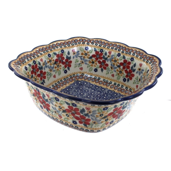 Blue Rose Polish Pottery Red Daisy Large Square Serving Dish
