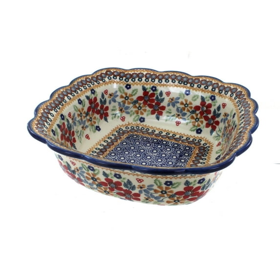 Blue Rose Polish Pottery Red Daisy Medium Square Serving Dish