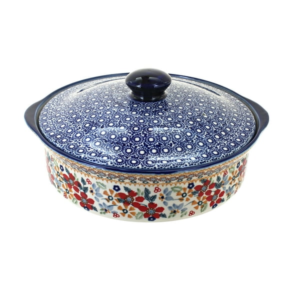 Blue Rose Polish Pottery Red Daisy Round Baker with Lid