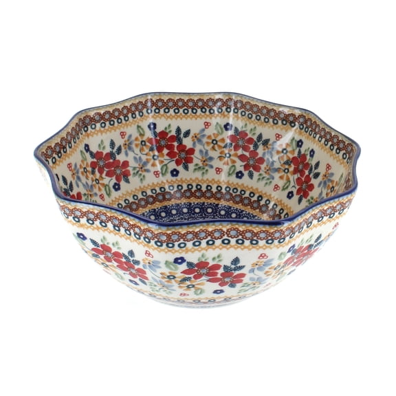 Blue Rose Polish Pottery Red Daisy Small Decagonal Serving Bowl