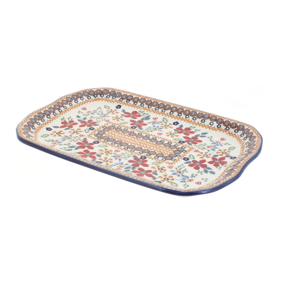Blue Rose Polish Pottery Red Daisy Small Rectangular Tray