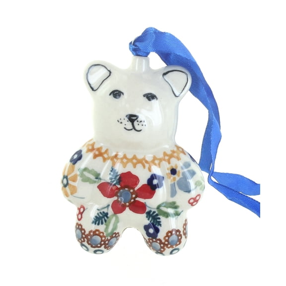 Blue Rose Polish Pottery Red Daisy Teddy Bear Ornament