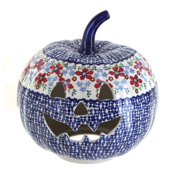 Blue Rose Polish Pottery Red Poppy Large Pumpkin Luminary