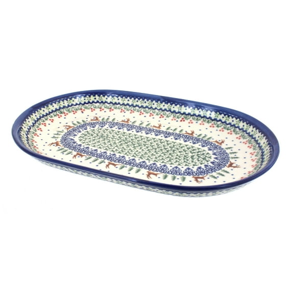Blue Rose Polish Pottery Reindeer Delight Large Oval Dish