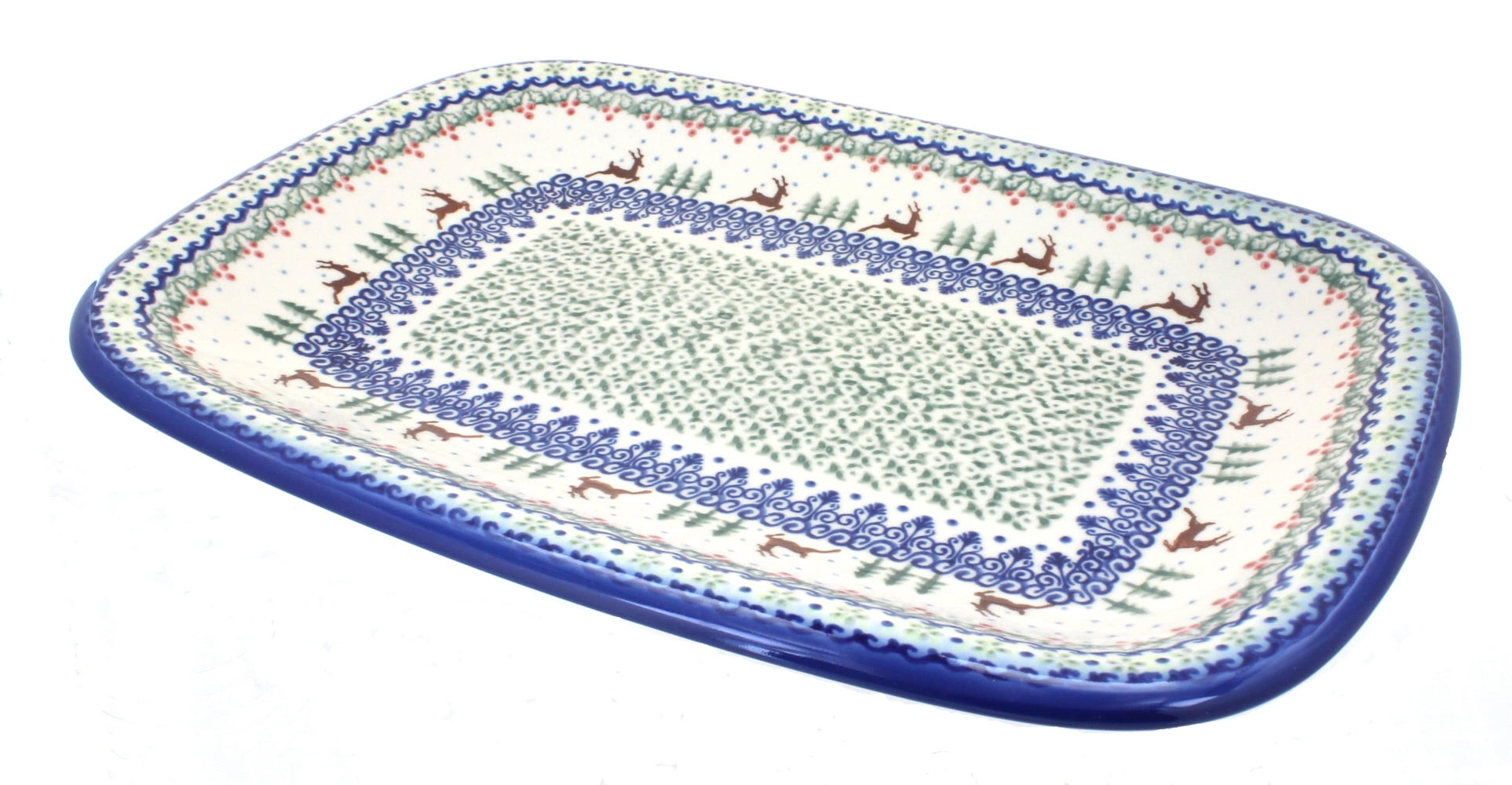 Blue Rose Polish Pottery Reindeer Delight Large Rectangular