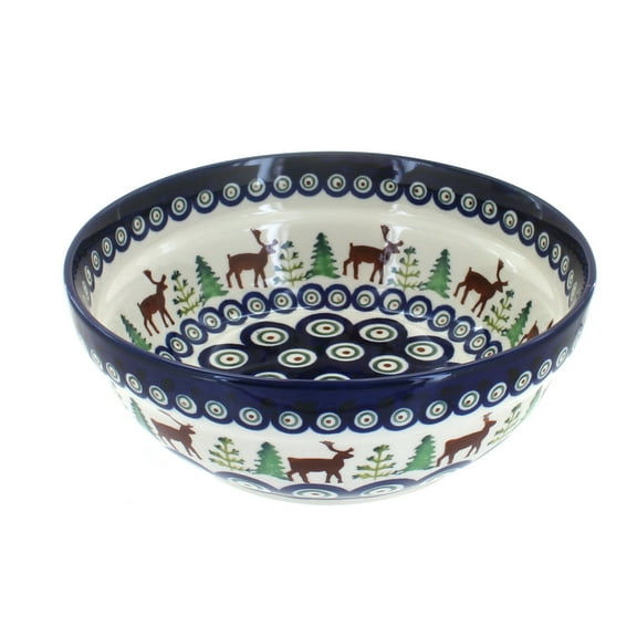 Blue Rose Polish Pottery Reindeer Pine Cereal/Soup Bowl
