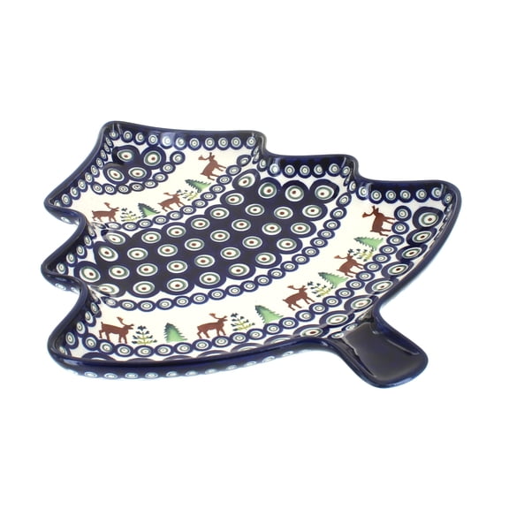 Blue Rose Polish Pottery Reindeer Pine Christmas Tree Plate