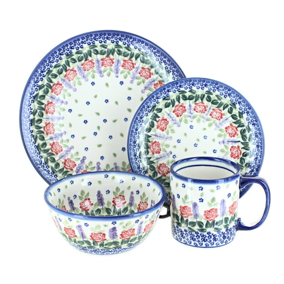 Blue Rose Polish Pottery Roses Are Red 16 Piece Dinnerware Set