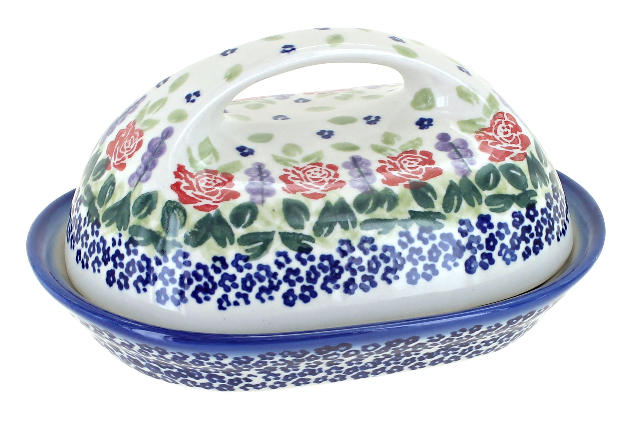 Blue Rose Polish Pottery Butter Dish – Hand Painted, Stoneware, 6.75x5.25 Inches, Microwave & Dishwasher Safe