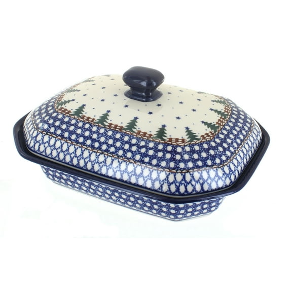 Blue Rose Polish Pottery Rustic Pines Medium Covered Baker