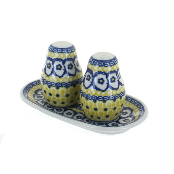 Blue Rose Polish Pottery Saffron Salt & Pepper Shakers with Tray