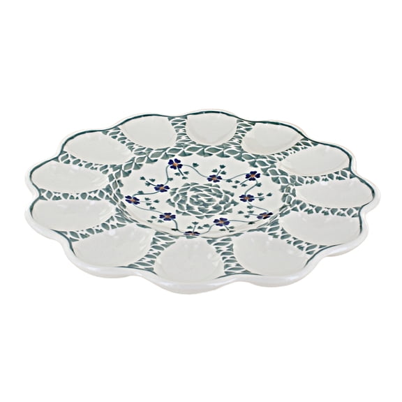 Blue Rose Polish Pottery Sage Floral Egg Plate
