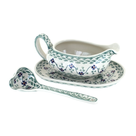 Blue Rose Polish Pottery Sage Floral Gravy Boat & Ladle