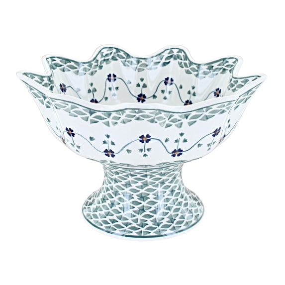 Blue Rose Polish Pottery Sage Floral Pedestal Fruit Bowl