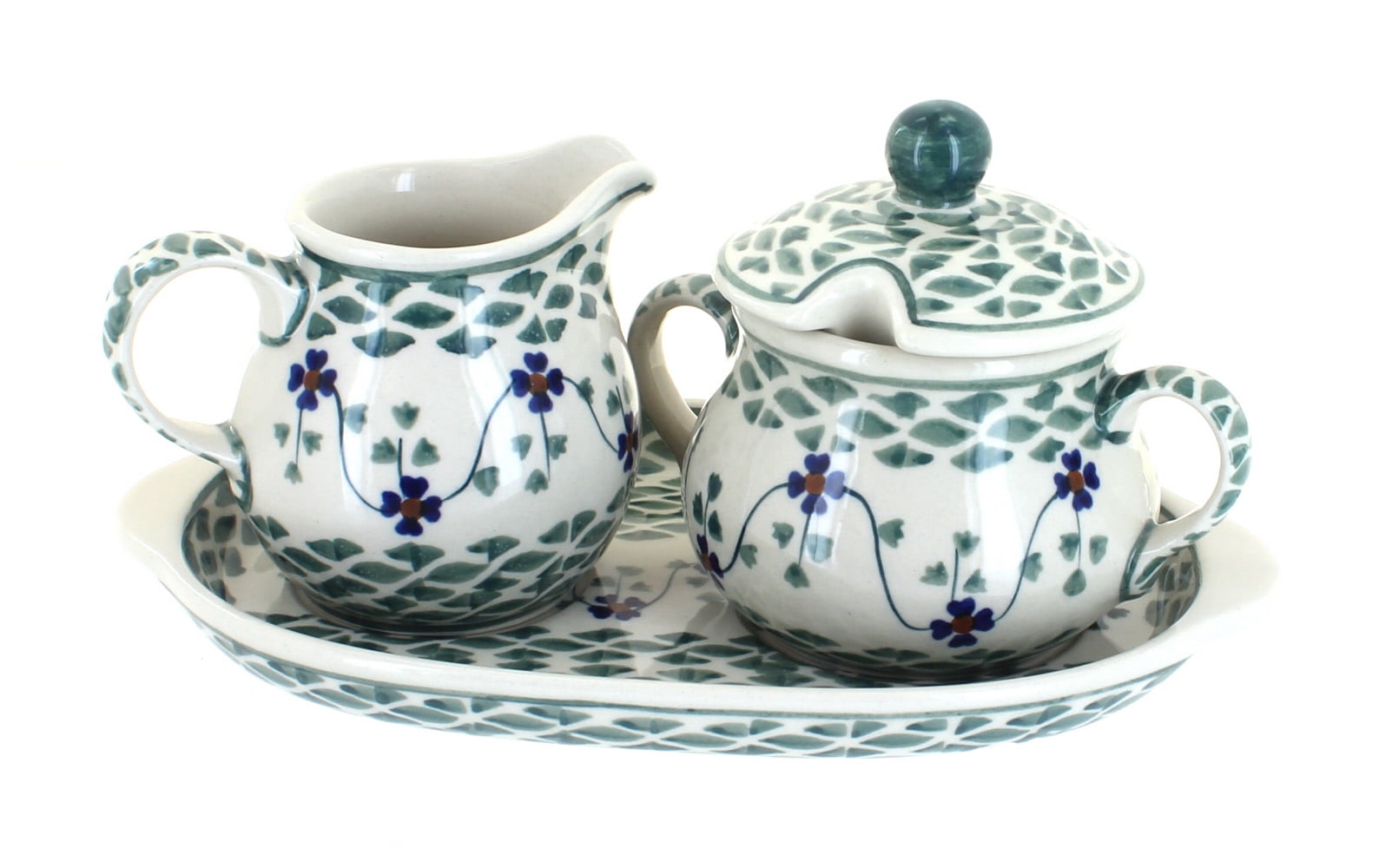 Handcrafted Sage Floral Ceramic Sugar and Creamer Set with Tray