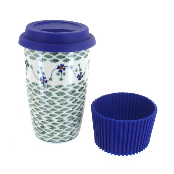 Blue Rose Polish Pottery Sage Floral Travel Coffee Mug